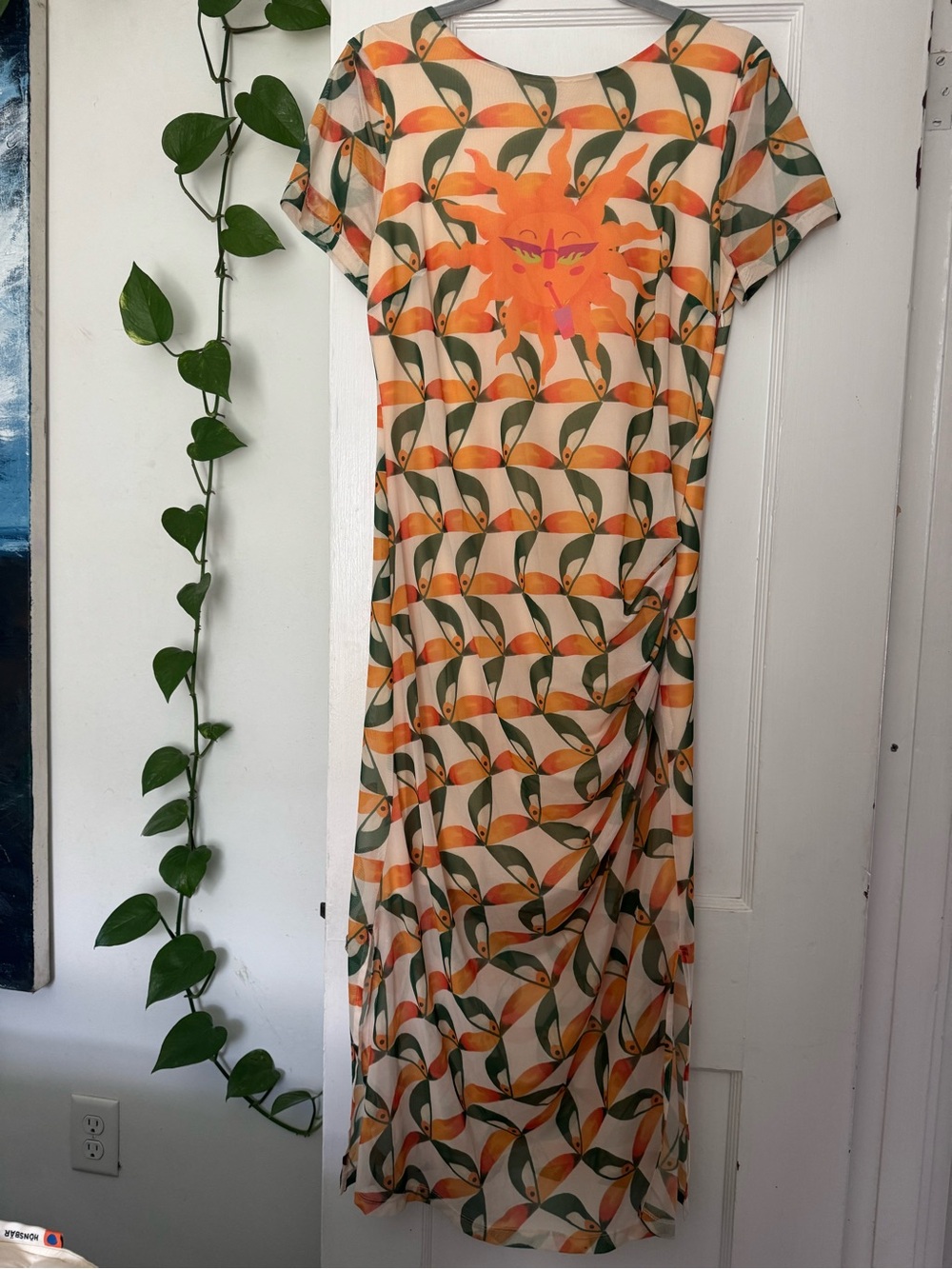 Anthropologie Cream Maxi Dress with Orange and Green Abstract Print